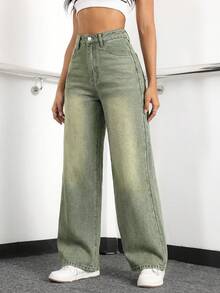SHEIN ICON 女士高腰口袋阔腿宽松休闲牛仔裤 - 綠色 - 查看 6