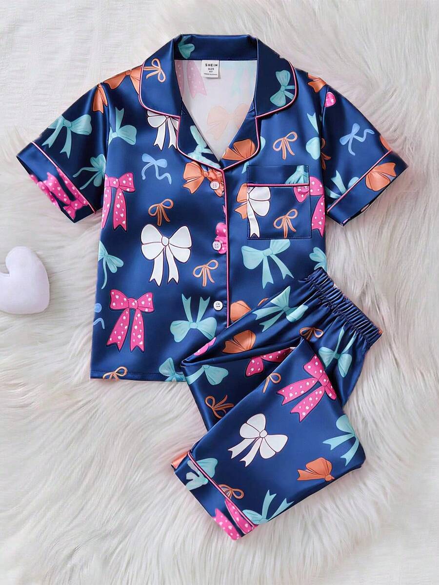 Young Girl' Light Pink Satin Bow & Ribbon Print Short Sleeve Cardigan And Pants 2Pcs Casual Pajamas Set Kids Satin Pajama Set Bow Pajama Set Summer Pajama Set Kids Silk Pjs - Navy Blue - View 1