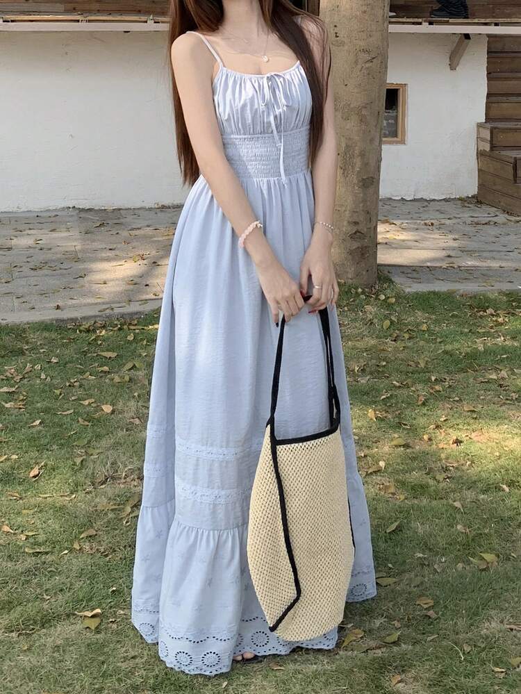 Women's Summer Drawstring Tie Lace Patchwork Vacation Style Casual Spaghetti Strap Dress Sundress