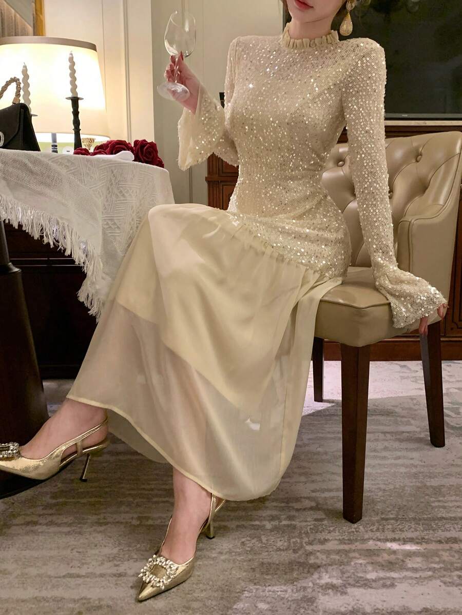 DAZY Women's Fashion Party Sequin Patchwork Flare Sleeve Dress - Purple - View 1