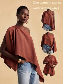 Travachic 女士休闲不对称纯色上衣，夏季，度假休闲套装，适合夏季假期、春假、派对、海滩、春季、情人节、狂欢节等场合，优雅百搭，适合春夏季节、派对、夏季上衣、情人节上衣、狂欢节服装、墨西哥风情波西米亚风上衣，一件多穿 - 鏽棕色 - 查看 1