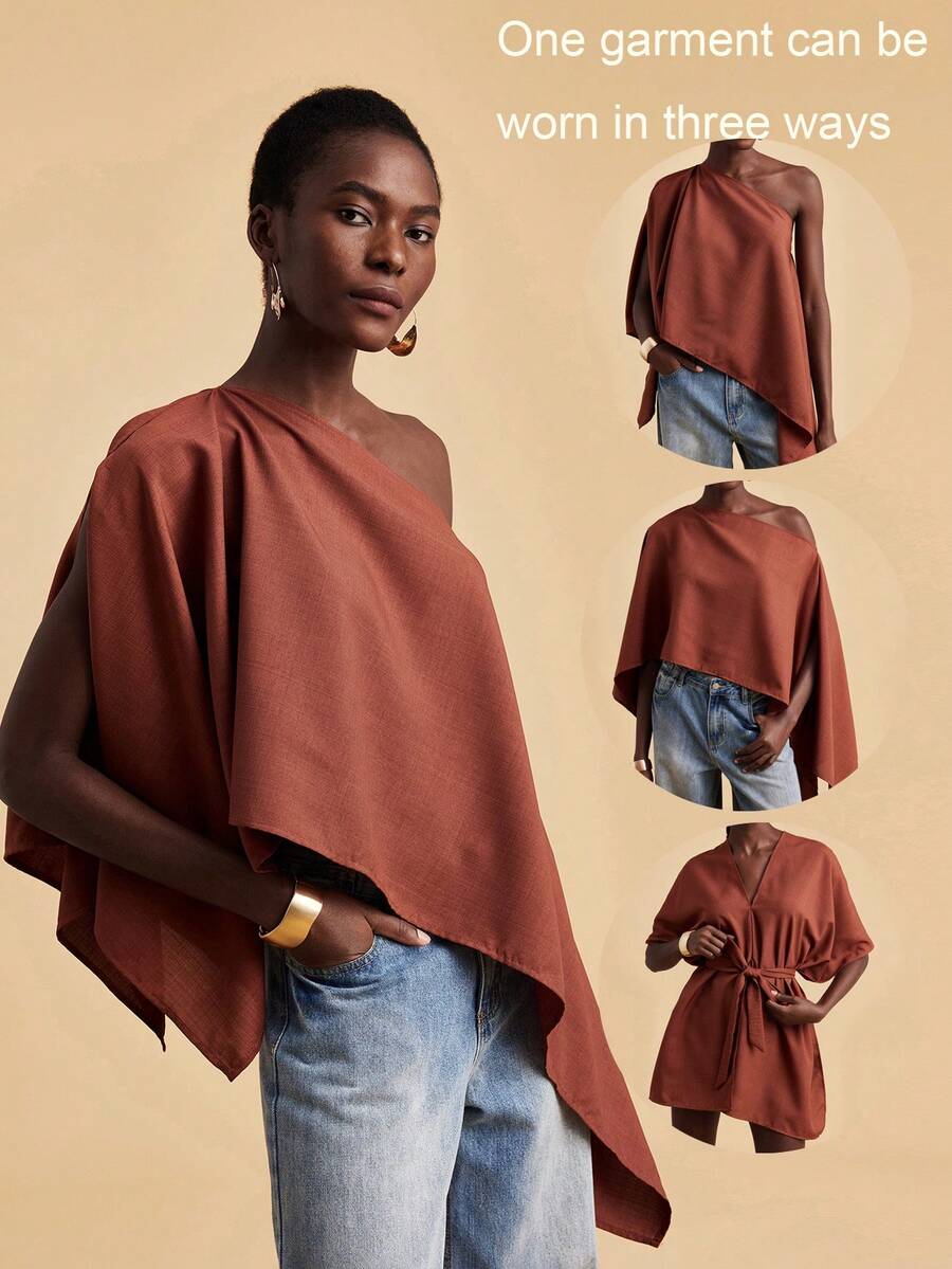 Travachic 女士休闲不对称纯色上衣，夏季，度假休闲套装，适合夏季假期、春假、派对、海滩、春季、情人节、狂欢节等场合，优雅百搭，适合春夏季节、派对、夏季上衣、情人节上衣、狂欢节服装、墨西哥风情波西米亚风上衣，一件多穿 - 鏽棕色 - 查看 1