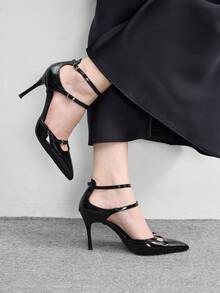 CUCCOO BIZCHIC Black Patent Leather Pointed Toe Slingback Pumps With Buckle Closure, Hollow Out Stiletto Heels, Elegant & Sexy Women Shoes - Black - View 3