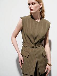 Aveloria Modichic Minimalist Commuter Versatile Elegant Women's Striped Crew Neck Sleeveless Vest With Belt Matching Wide Leg Suit Pants, Women's Suit Set - Coffee Brown - View 8