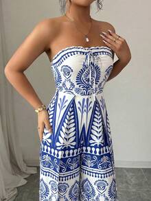 Bộ jumpsuit nữ thanh lịch phong cách Bohemian in họa tiết, cổ yếm, hở lưng, cạp cao, ống rộng, thích hợp cho kỳ nghỉ biển mùa xuân/hè. - Xanh và trắng - Xem 3