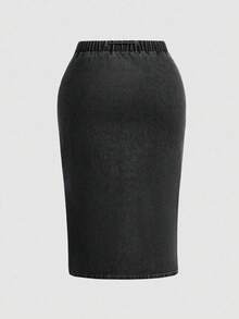 SHEIN MOD 大码女式抽绳腰休闲铅笔牛仔迷你裙 - 黑色 - 查看 2