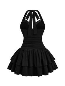 Sweetra Vestido sin mangas con cuello halter, de talla grande, de unicolor con aplicaciones de encaje - Negro - Ver 2