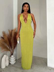 SHEIN BamGlam Sexy Temperament Backless Deep V-Neck Long Dress - Olive Green - View 3