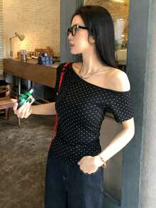 DAZY Women's Polka Dot Print Asymmetric Neck Tie Short Sleeve T-Shirt Summer - Black - View 3