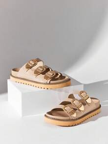 SHUZIA Women's Comfort Minimalist Buckled Triple Band Flat Slip-On Sandals - Beige - View 3
