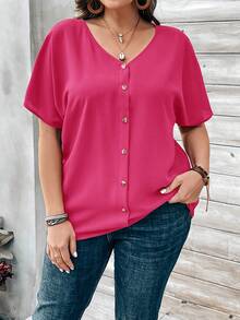 EMERY ROSE Plus Size Women's Orange Button Embellished Short Sleeve Shirt For Spring - Hot Pink - View 3