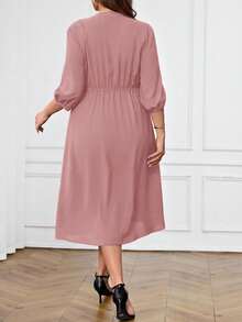 Miaspire Vestido midi con cuello en V, mangas raglán y cintura fruncida para tallas grandes - Rosa vieja - Ver 2