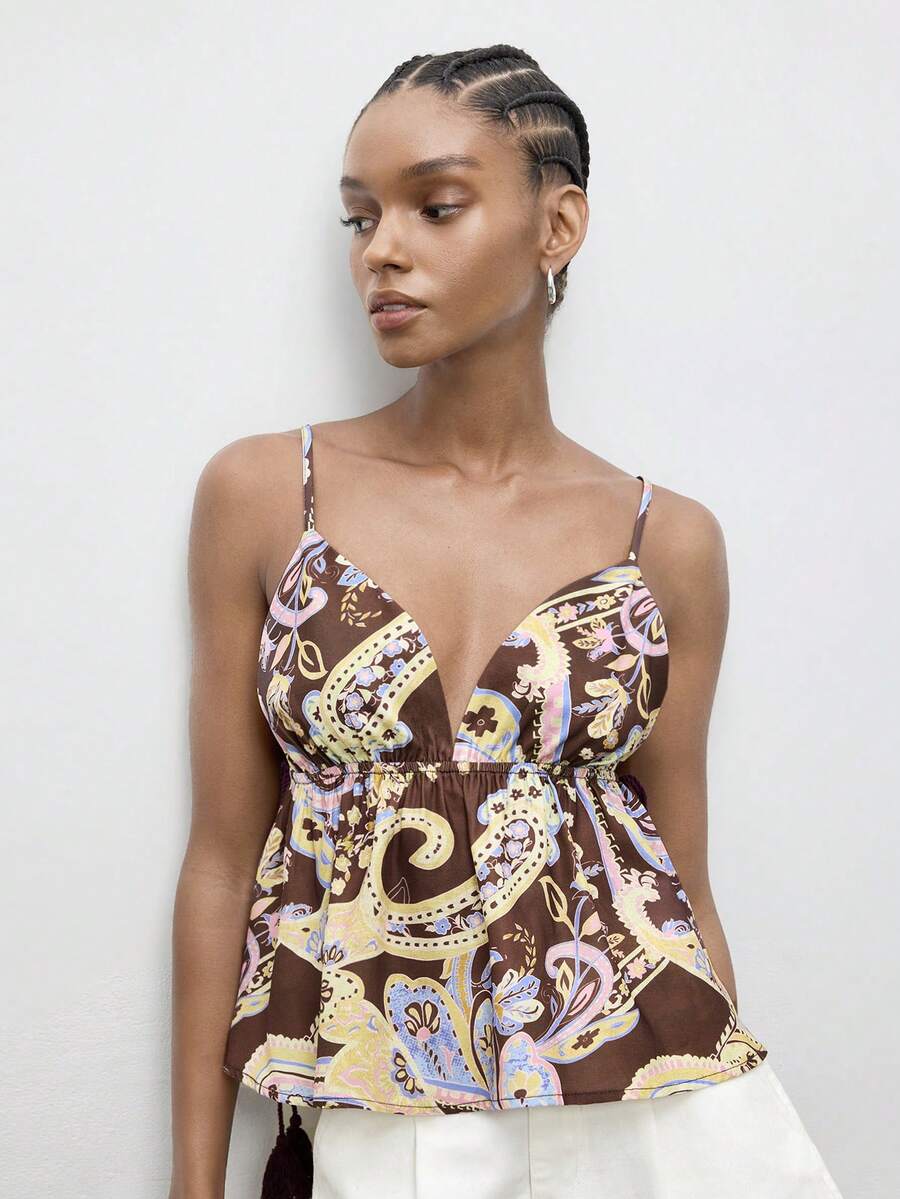 Maija 女士休闲佩斯利印花吊带背心，春季、夏季派对上衣、沙滩装、外出装、优雅女士上衣、女士度假装、夏季假期装、女士海滩度假装 - 彩色 - 查看 1