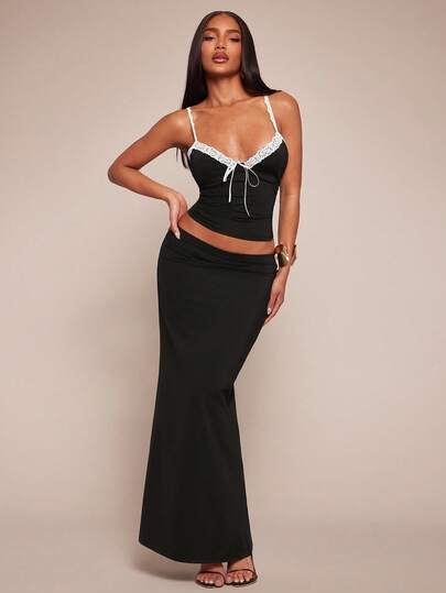 Radiana Set de 2 piese pentru femei, la modă de primăvară/vară, casual, minimalist, dantelă, culori contrastante, papion cu curea, camisol și fustă asortată