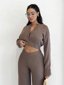 Shopreo Cárdigan y pantalones cómodos y sencillos con botones - Marrón - Ver 3