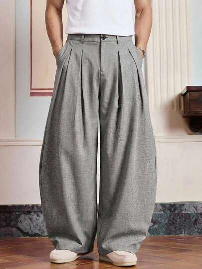 SWAVVY Pantalon décontracté ample plissé de couleur unie pour hommes, polyvalent pour l'été