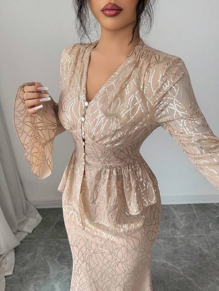 Women's Elegant Floral Print V-Neck Flare Sleeve Blouse And Fish Tail Skirt 2-Piece Set, Spring/Summer