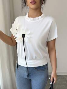 Selianne Women's Short Sleeve Tee With 3D Floral Trim Collar - White - View 3