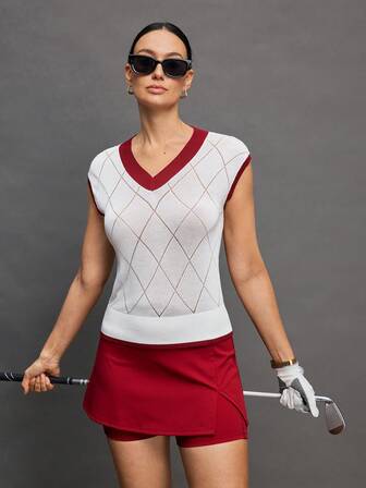 Activina เสื้อสเวตเตอร์กีฬาคอวีสำหรับผู้หญิงสำหรับเล่นกอล์ฟและเทนนิสพร้อมขอบตัดกัน ชุดกอล์ฟสำหรับผู้หญิง เสื้อเทนนิส เสื้อกอล์ฟสำหรับผู้หญิง ชุดเทนนิสสำหรับผู้หญิง