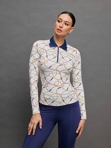 Activina Top de manga larga con media cremallera y estampado de cadena para mujer, estilo ecuestre - Multicolor - Ver 4