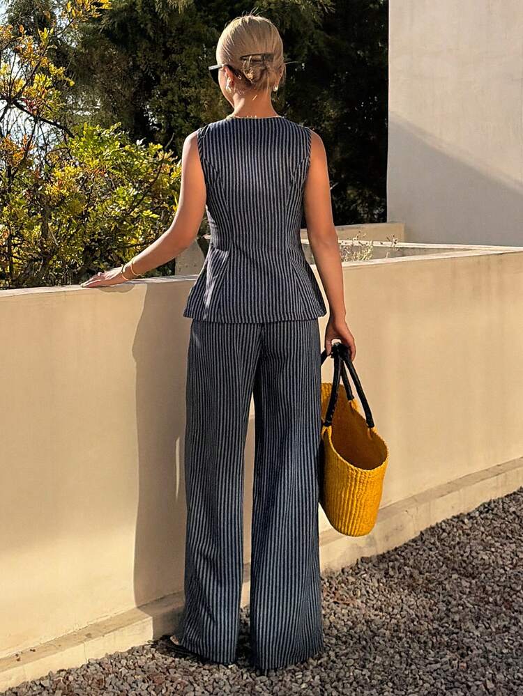 Women's Summer Casual Contrast Color Striped Pocket Vest And Wide Leg Pants 2 Pieces Set