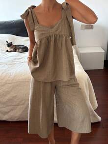 Livesso Summer Casual Brown Camisole Top & Straight Shorts Set,Khaki Vacation Elegant Commute Outfit,Business Lounge Short Sets For Women - Brown - View 4