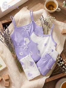 8pcs/Set Girls Minimalist Fashion Pink & White Sweet Heart, Eyelash, Polka Dot Print Camisole Underwear And Shorts Set - Purple - View 3