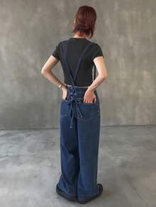 FRIFUL 女士宽松休闲牛仔连体裤，后腰处采用钥匙孔系带设计 - 藍色 - 查看 3