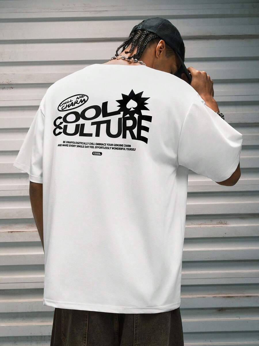 Modcrash 男士休闲时尚街头印花落肩宽松透气短袖T恤，夏季 - 白色 - 查看 1