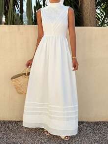 Livesso Holiday Outfit White Sleeveless Mock Neck Cinched Waist Midi Dress For Women, Summer Sundress - White - View 3