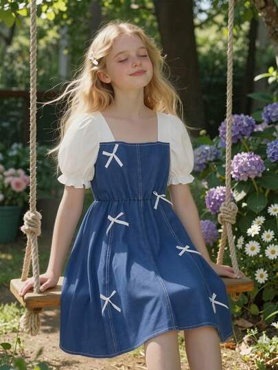 SHEIN ChillGRL Spring/Summer Teen Girls Streecool Sweet Cute Petal Sleeve Denim Patchwork Bow Decor A-Line Dress, Suitable For Daily, Commute, Casual, Vacation, Gathering, Party, Banquet
