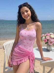 SHEIN Teen Girl Striped Bow Print Camisole Romper With Mini Skirt, Suitable For Swimming, Vacation, Summer Beach Wear - Pink - View 3