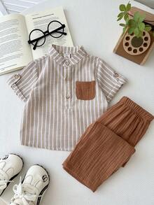 LMoss Kids Baby Boy Casual Button Half-Placket Pocket Striped Short Sleeve Shirt And Pants Set - Multicolor - View 3
