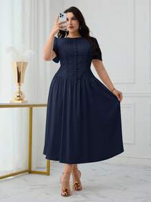 Modelyn Plus Size Women Solid Color Ruched Waist Elegant Date Party Dress - Navy Blue - View 8