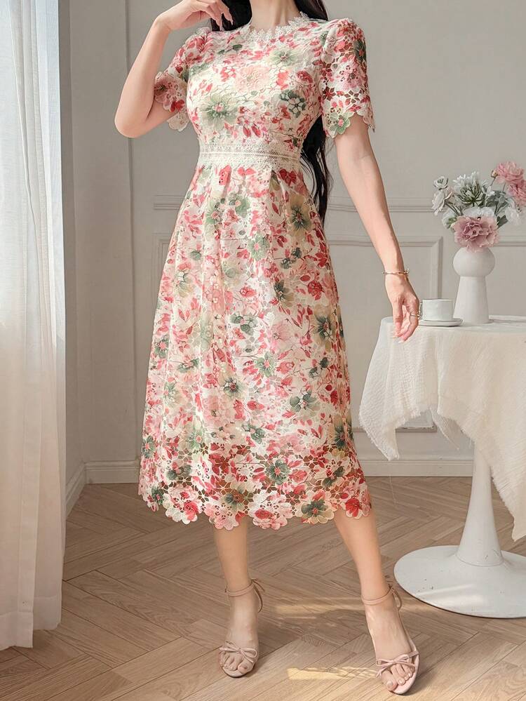 DAZY Đầm dài ngang gối thanh lịch dành cho nữ, cổ đứng, tay cánh hoa, phối ren hoa, thích hợp cho mùa hè. - Hồng - Xem 5