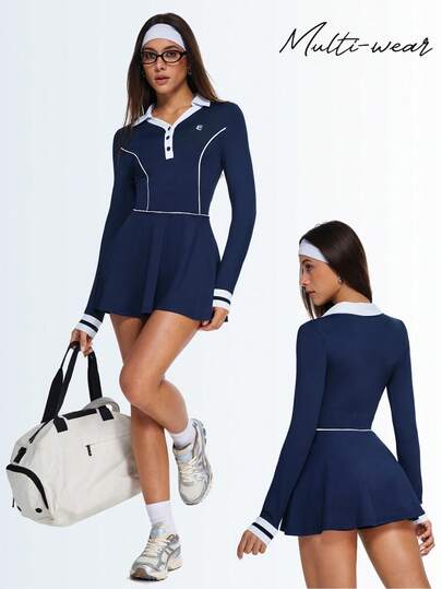 Eassivo Eassivo Women's Navy Tennis Dress With White Contrast,Long Sleeves, Polo Placket, Play‑Ready Skirt & Inner Shorts, Athletic Dress,Long Sleeve Tennis Dress