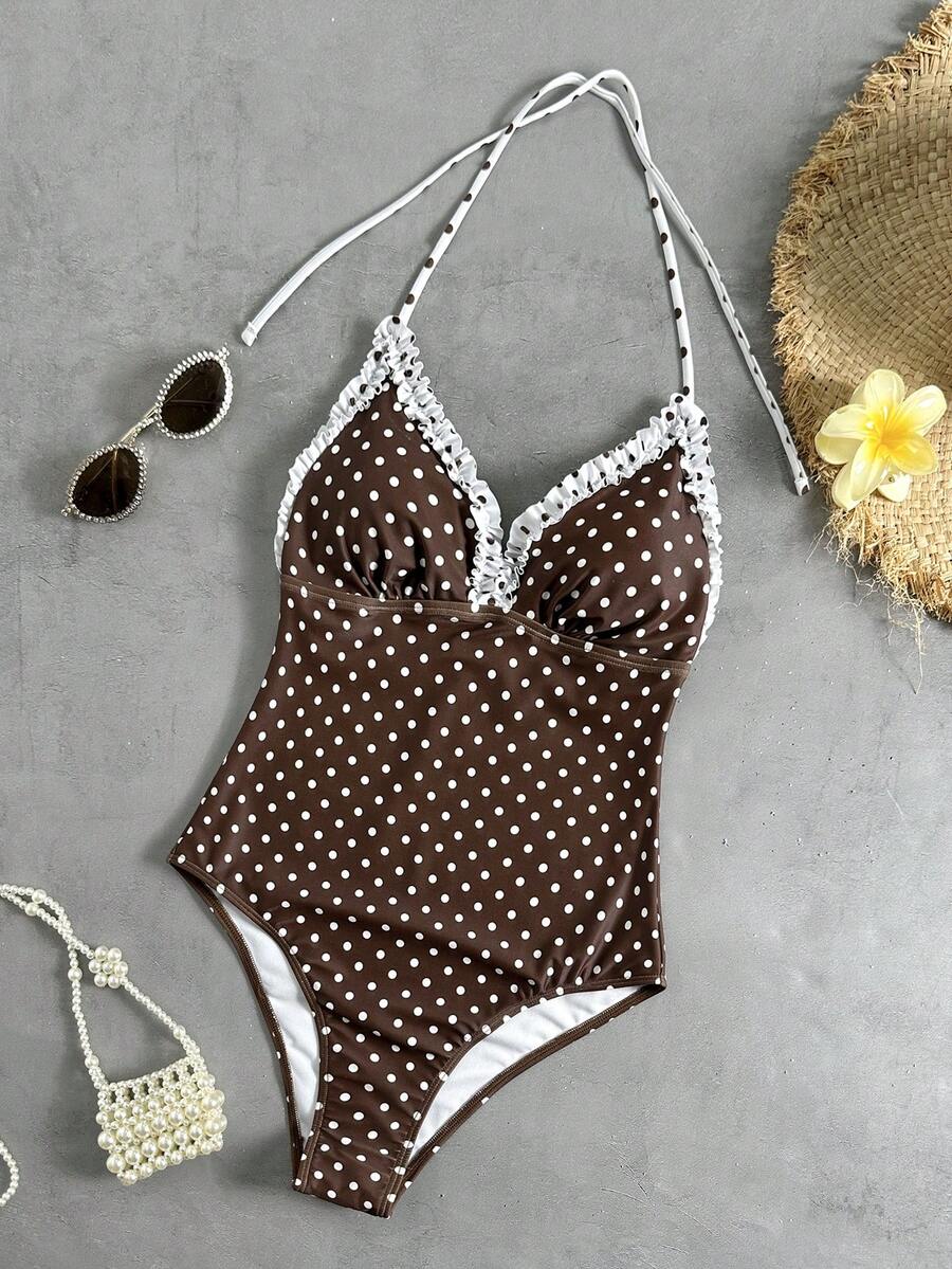 Swim Mod 女士性感露背波点印花荷叶边连体泳衣 - 咖啡棕 - 查看 1