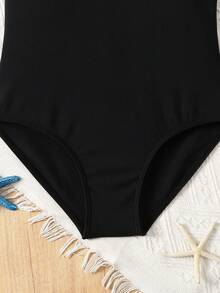 SHEIN Áo tắm liền thân hai dây phối màu tương phản thời trang dành cho bé gái tuổi teen - Đen và trắng - Xem 4