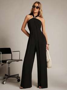 Hauture Women's Halter Neck Flyaway Panel Stretch Jumpsuit With Hardware Trim - Black - View 6