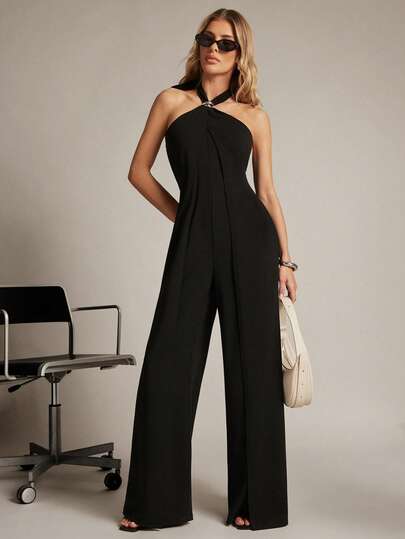 Hauture Women's Halter Neck Flyaway Panel Stretch Jumpsuit With Hardware Trim