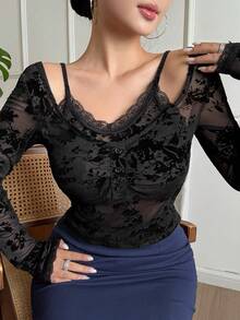 DAZY Spring & Summer 2 In 1 Ditsy Floral Flocked Lace Blouse, Elegant For Valentine's Day, Wedding, Party, Formal Occasion, Slim Fit, Sheer Mesh Camisole Top, Long Sleeve Women T-Shirt - Black - View 2
