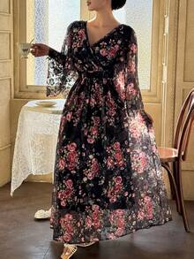 Joudiya Đầm hoa thanh lịch dành cho nữ, thích hợp mặc đi làm. - màu đen - Xem 2