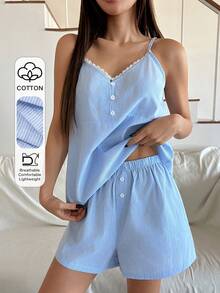 DAZY 2pcs Lace Patchwork Sleeveless Camisole & Loose Shorts Pajama Set For Women, Summer - Blue - View 3
