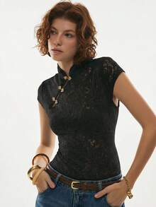 Poéselle 女士中国风金属扣修身T恤 - 黑色 - 查看 3