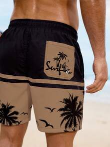 Manfinity Swimmode Men's Palm Tree Print Drawstring Waist Beach Shorts - Coffee Brown - View 2