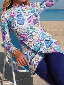 Swim Shayni 2026 SS Women's Spring/Summer Beach Elegant Romantic BOHO Ocean Creature Shell Starfish Seashell Tie-Dye Tie Dye Print Front Zipper Long Sleeve Top And High Waist Drawstring Pants Bikini Set - Multicolor - View 10