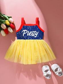 SHEIN Playful Pals 女婴魅力、优雅、可爱、趣味字母、亮片、星星、网纱摄影服装及道具，春夏款 - 彩色 - 查看 3
