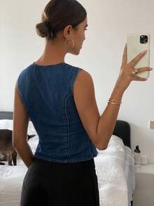 DAZY Áo sơ mi denim không tay đa năng dành cho nữ - Màu xanh lam - Xem 7