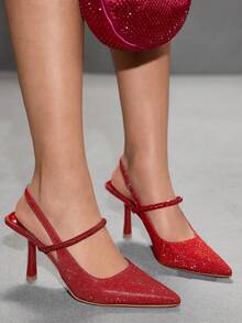 CUCCOO SZL Women's Pointed Toe Glitter Rhinestone Elastic Band Fashionable Elegant Pumps High Heels - Red - View 7