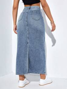 Rivivi Casual Washed Distressed High Waist Long Denim Skirt - Blue - View 2